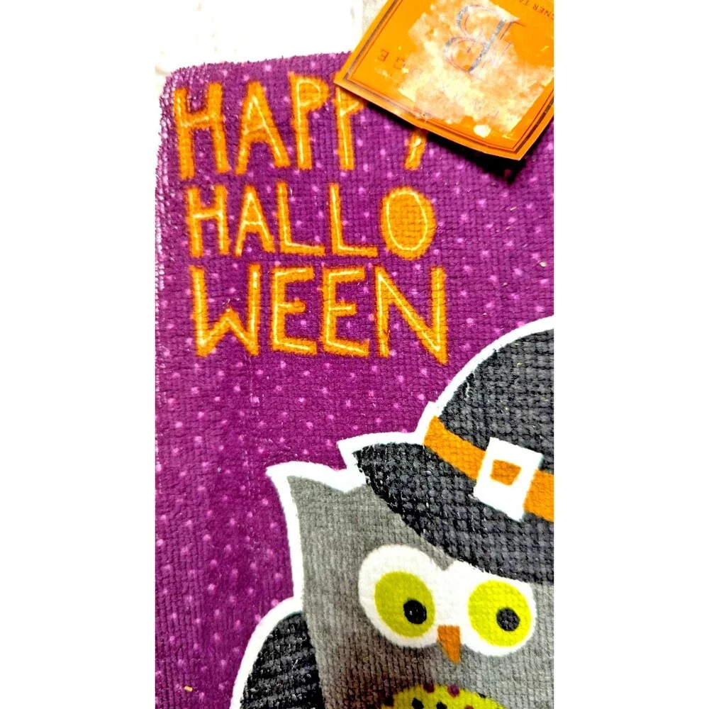 Happy Halloween Owl on Branch Kitchen Towels 2-pc Black Hat Purple Gray Bird